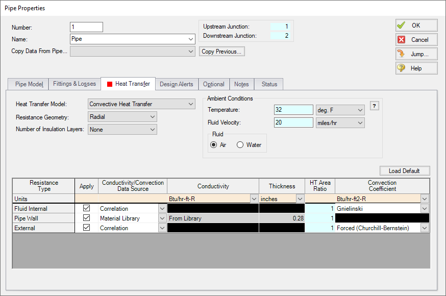 The fully defined Heat Transfer panel of the Pipe Properties window.